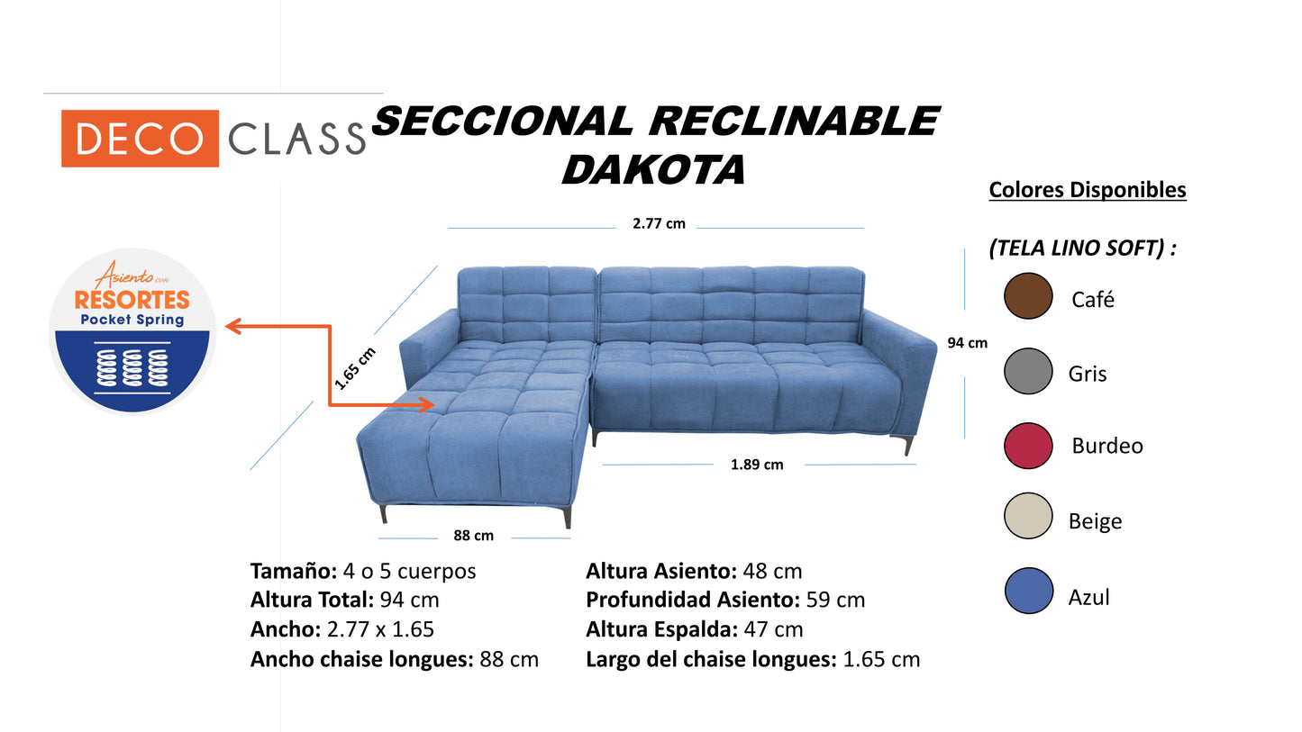 Seccional Reclinable Dakota - Tela (Lino Soft) Azul